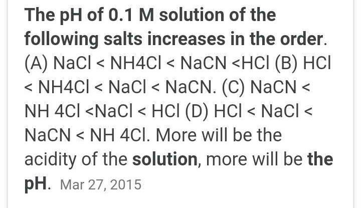 The PH Of 0 1 M Solution Of The Following Salts Increases In The Order