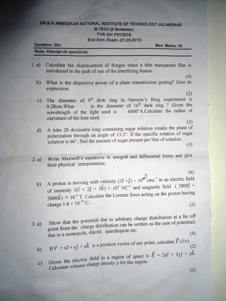 papers exam 9 year Engineering PAPERS, LAST YEAR 1, Physics Semester QUESTION