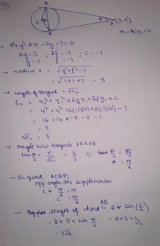 Tangents are drawn from (4, 4) to the circle x2+ y2–2x –2y –7 = 0 to ...