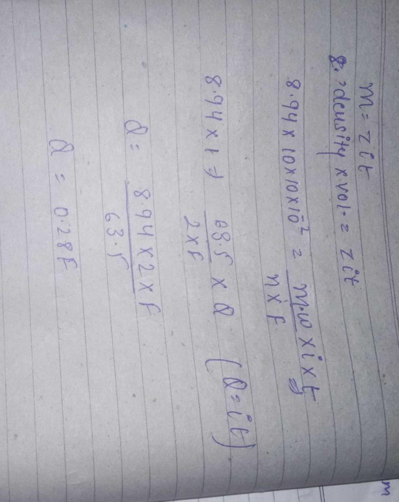 If Density Of Copper Is 8 94 G Cm 3 The Number Of Faradays Required To Plate An Area 10cmx10cm Of Thickness Of 10 2cm Using Cuso4 Solution As Electrolyte Is A 0 1 F B 0 28