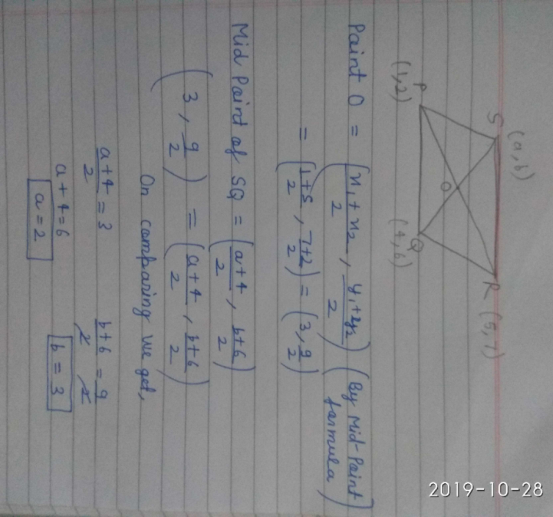 If P 1 2 Q 4 6 R 5 7 S A B Are The Vertices Of Parallelogram Pqrs Then Find The Values Of A And B Edurev Class 10 Question