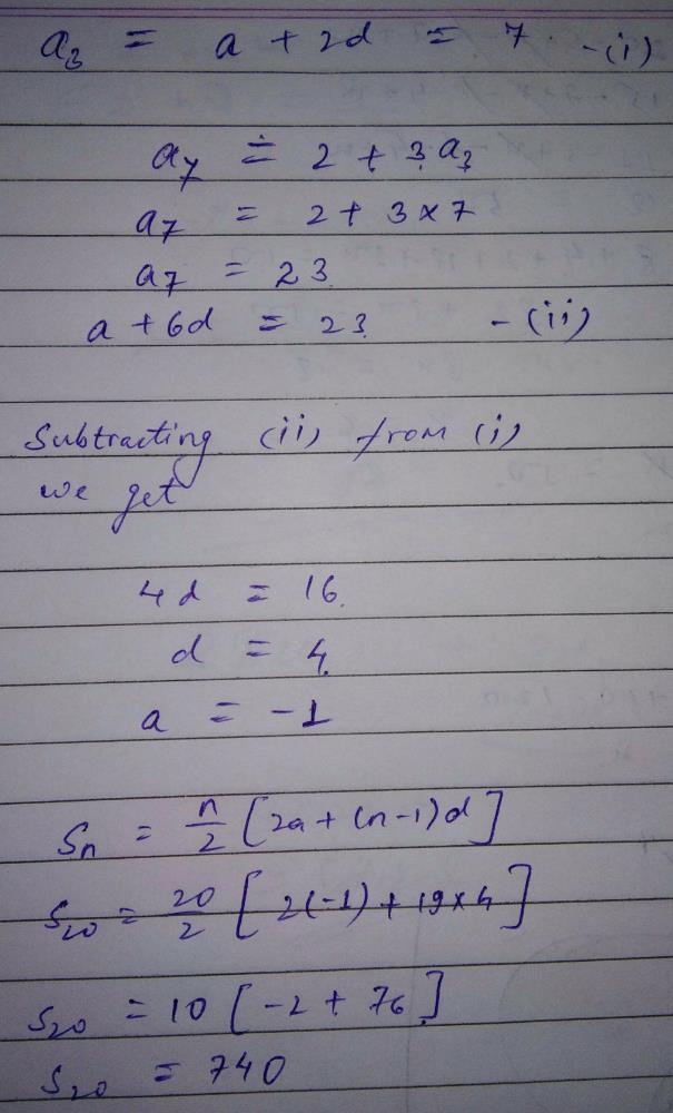 If The Third Term Of An Ap Is 7 And Its 7th Term Is 2 More Than Three Times Of Its Third Term Then Sum Of Its First Terms Is Edurev Jee Question