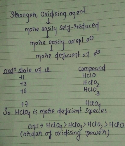 Among The Oxyacids Of Chlorine The Strongest Oxidizing Agent 1 Hclo4 2 Hclo3 3 Hclo2 4 Hclo Edurev Neet Question