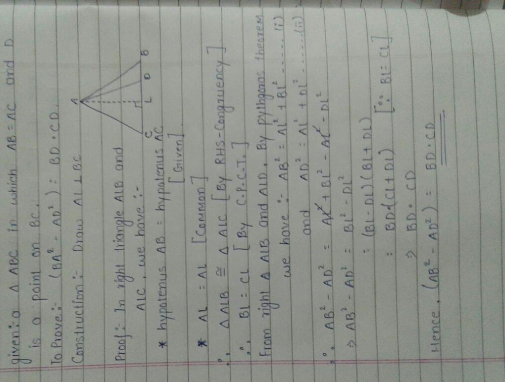 In An Isosceles Triangle Abc Ab Ac And D Is A Point On Prove That Ab 2 Ad 2 Cd Edurev Class 9 Question