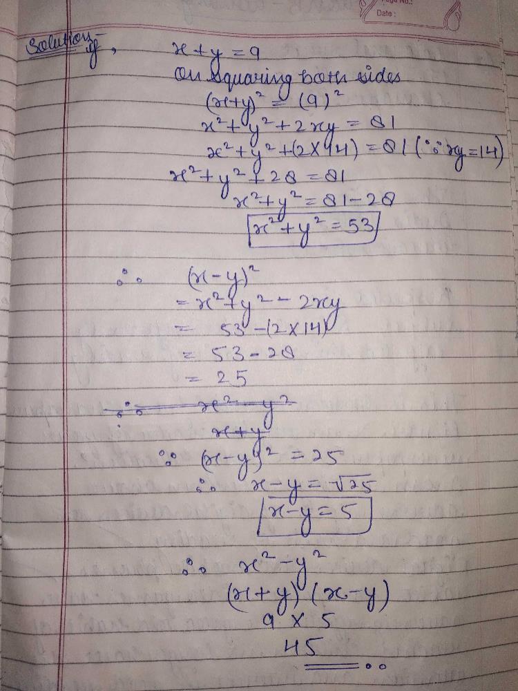 If X Y 9 And Xy 14 Find The Value Of X 2 Y 2 Edurev Class 8 Question