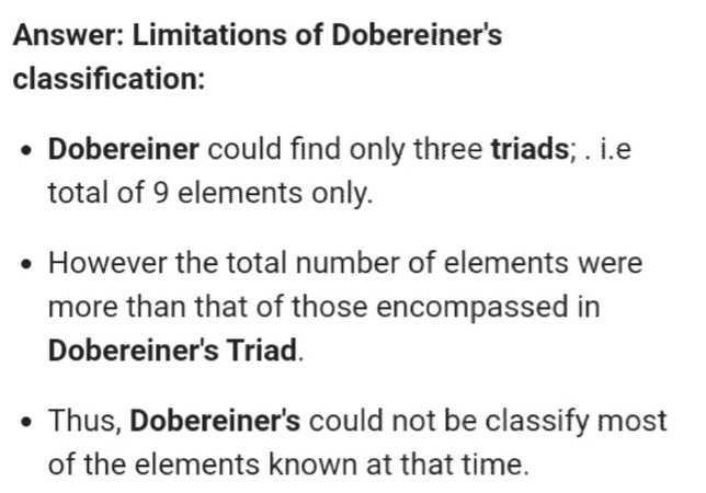 What Is Limitations Of Dobereiner S Classification Related To Ch Periodic Classification Of Elements Class 10 Chemistry Edurev Class 10 Question