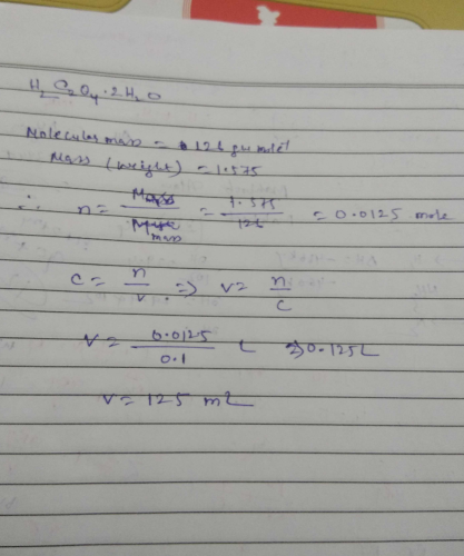 Volume (mL) of H2C2O4. 2H2O solution to prepare 0.10 M from 1.575g of ...