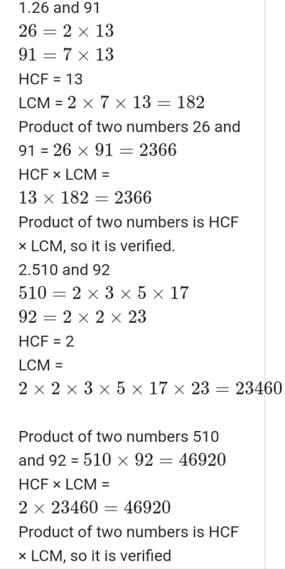 Find The Lcm And Hcf Of The Following Pairs Of Integers And Verify That Lcm Hcf Product Of The Two Numbers 1 26and91 2 510and92 Edurev Class 10 Question