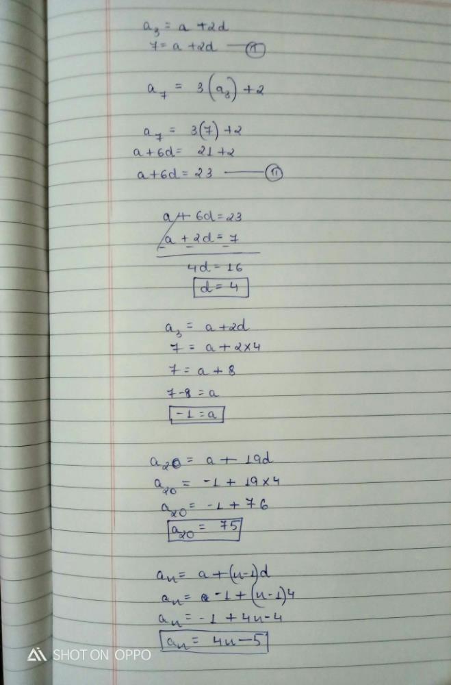 Find the 20th term of an AP whose 3rd term is 7 and the 7th term ...