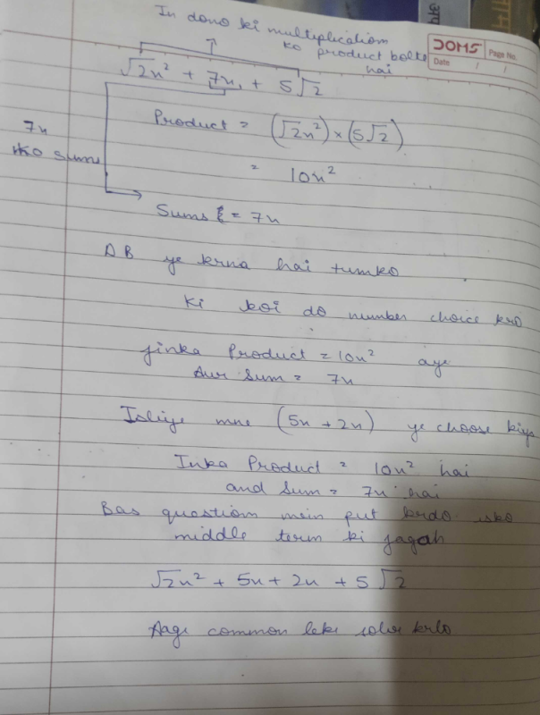 Solve: Root 2x^2 +7x + 5 root 2 = 0? | EduRev Class 10 Question