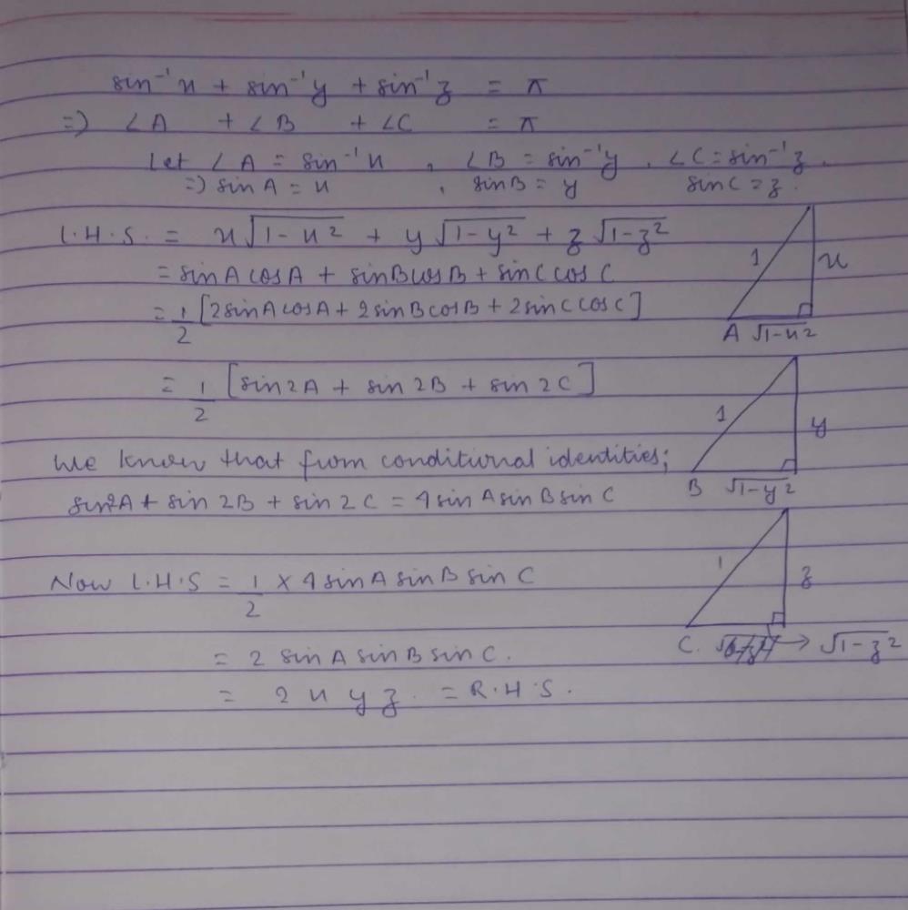 If Sin 1x Sin 1 Y Sin 1 Z Pie Prove Thata X Root 1 X2 Y Root 1 Y2 Z Root 1 Z2 2xyz Edurev Class 12 Question