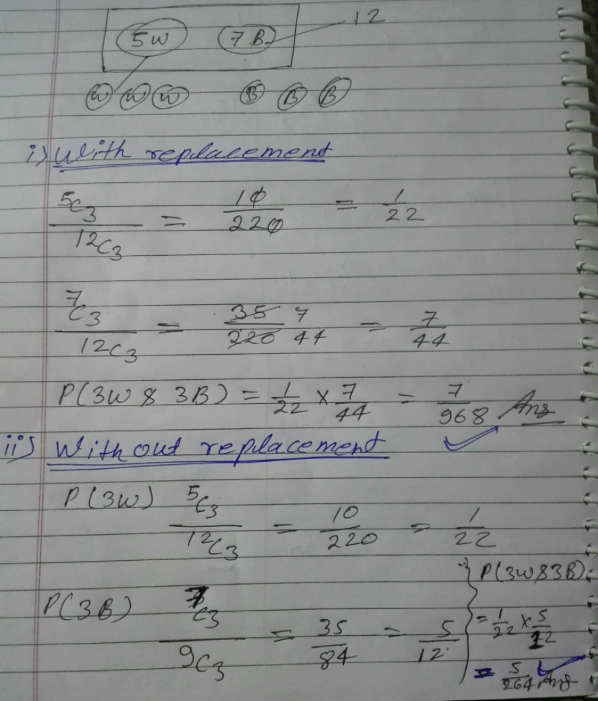 A box contains 5 white and 7 black balls. two successive drawn of 3