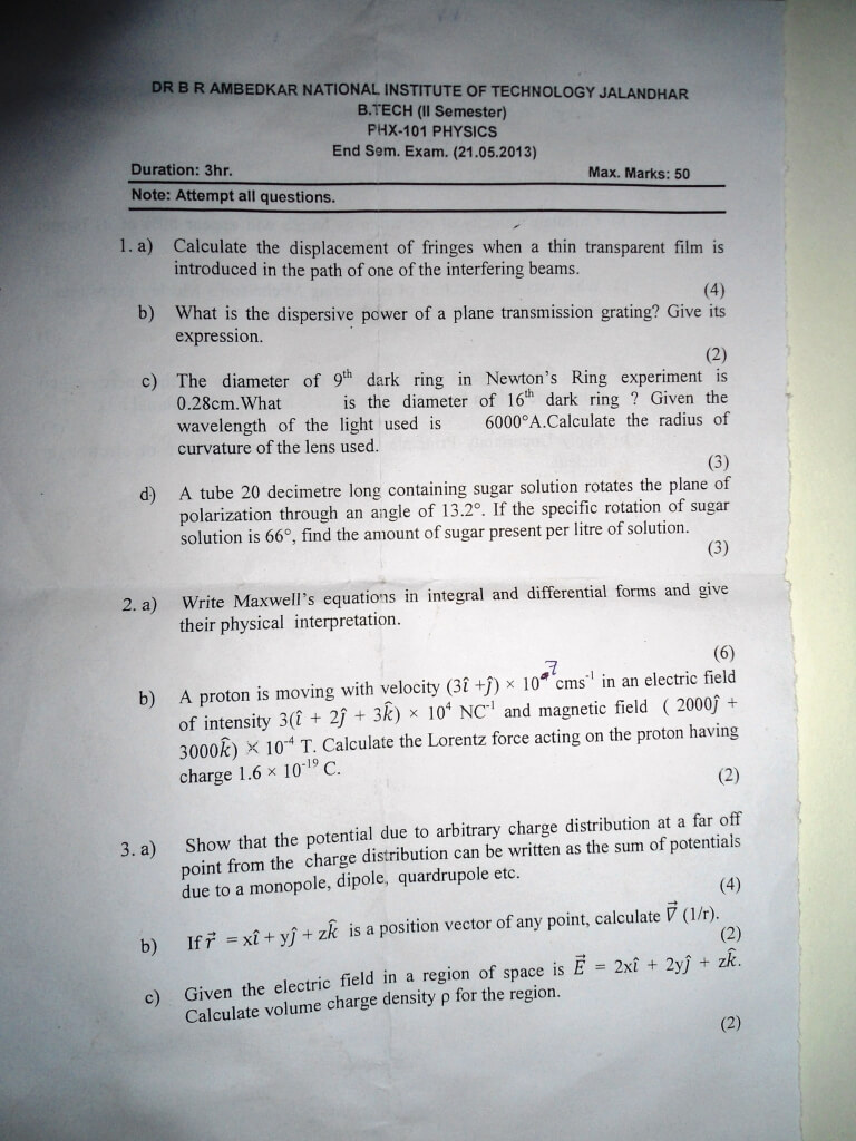 Last Year Question Papers Semester 1 Engineering Physics Class 11 Notes Edurev 6254