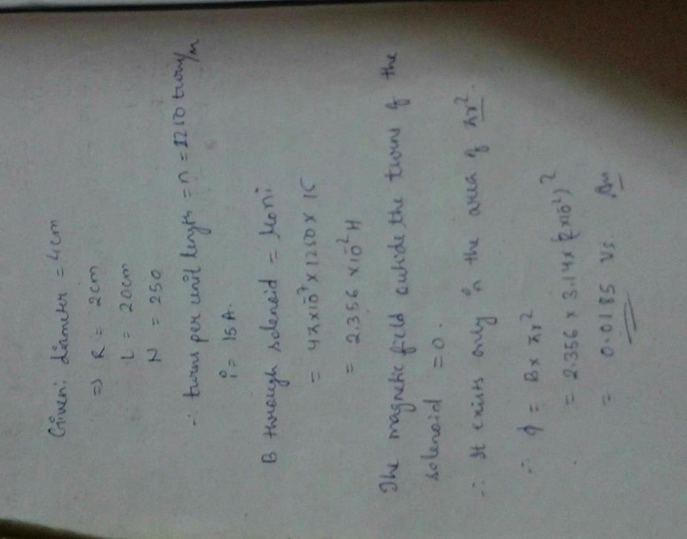 A Solenoid 4 Cm In Diameter And Cm In Length Has 250 Turns And Carries A Current Of 15 Ampere Calculate The Flux Through The Surface Of A Disc Of 10