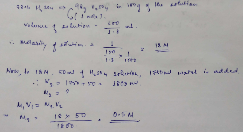 The Specific Gravity Of 98 H2so4 Is 1 8 G Cc 50 Ml Of This Solution Is Mixed With 1750 Ml Of Pure Water Molarity Of Resulting Solution Is Edurev Neet Question