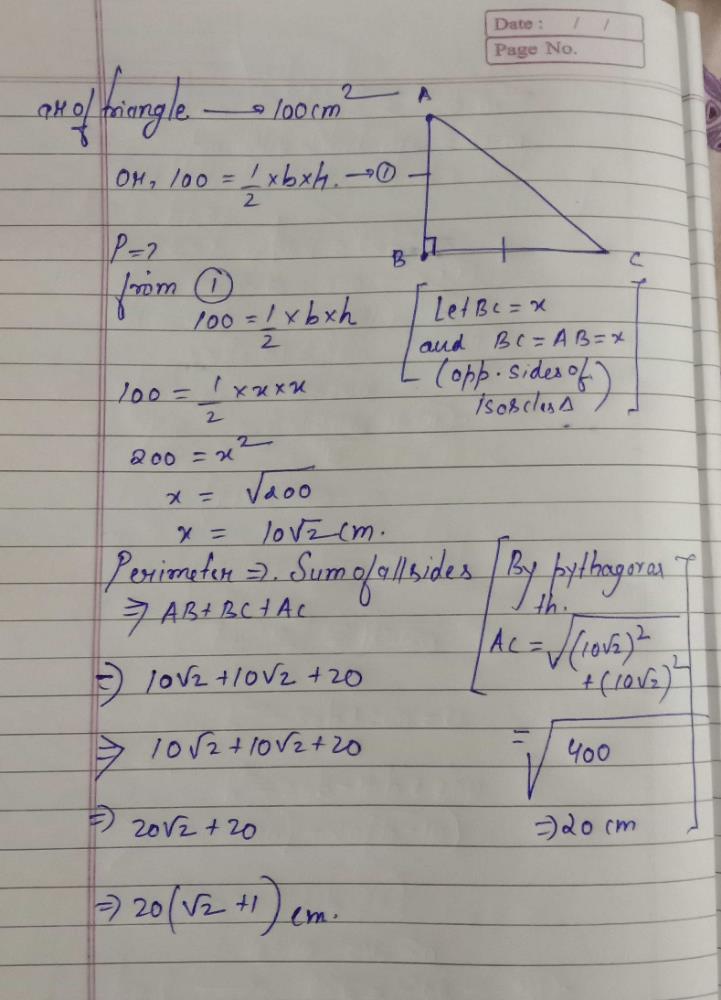 the area of an right isosceles triangle is 100cm square . find its ...