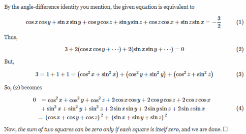 If Cos Y Z Cos Z X Cos X Y 3 2 Then Prove That Cosx Cos Y Cos Z 0 And Sin X Sin Y Sinz 0 Edurev Class 11 Question