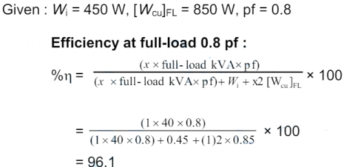 A 40 kVA transformer has iron loss of 450 W and full-load copper loss ...