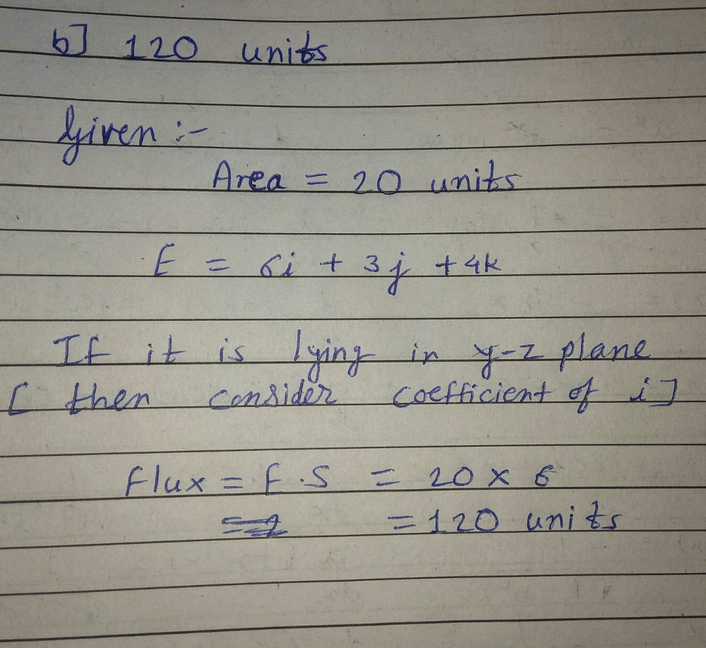 If The Electric Field Is Given By 6i 3j 4k Calculate The Electric Flux Through A Surface Of Area Units Lying In Y Z Plane A 12 Unitsb 1 Unitsc 260 Unitsd 60 Unitscorrect Answer Is Option B Can