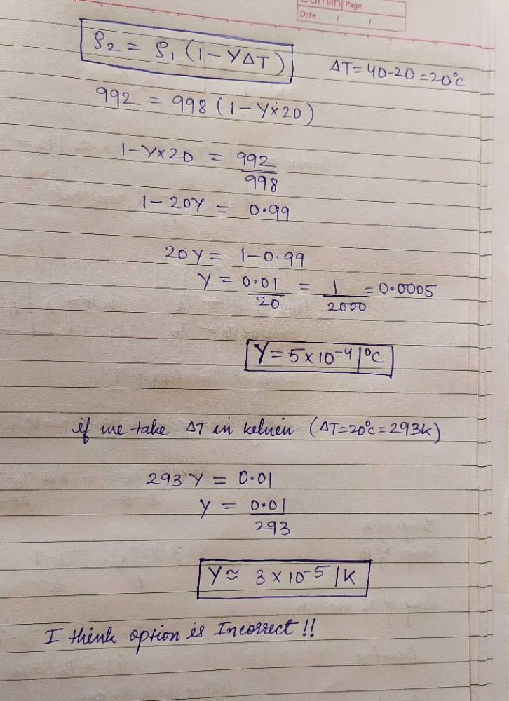 The Density Of Water At 20 Deg C Is 998 Kg M3 And At 40 Deg C 992 Kg M3 The Coefficient Of Volume Expansion Of Water Is Neet Kar 2013 A 10 Ndash 4 Deg Cb 3 Times 10 Ndash 4 Deg Cc 2 Times 10 Ndash 4 Deg Cd 6 Times 10 Ndash 4 Deg Ccorrect