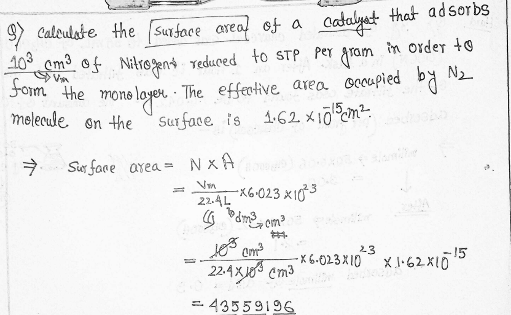 Calculate the surface area of a catalyst that adsorbs 103 cm3 of