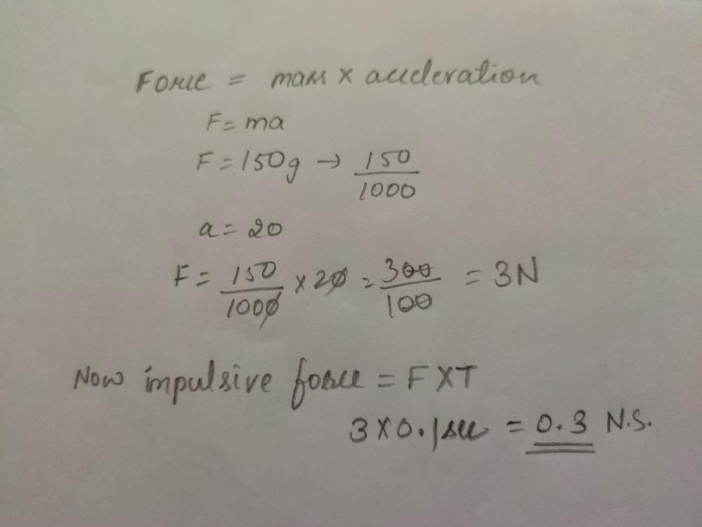 A ball of mass 150 g, moving with an acceleration 20 m/s2, is hit by a
