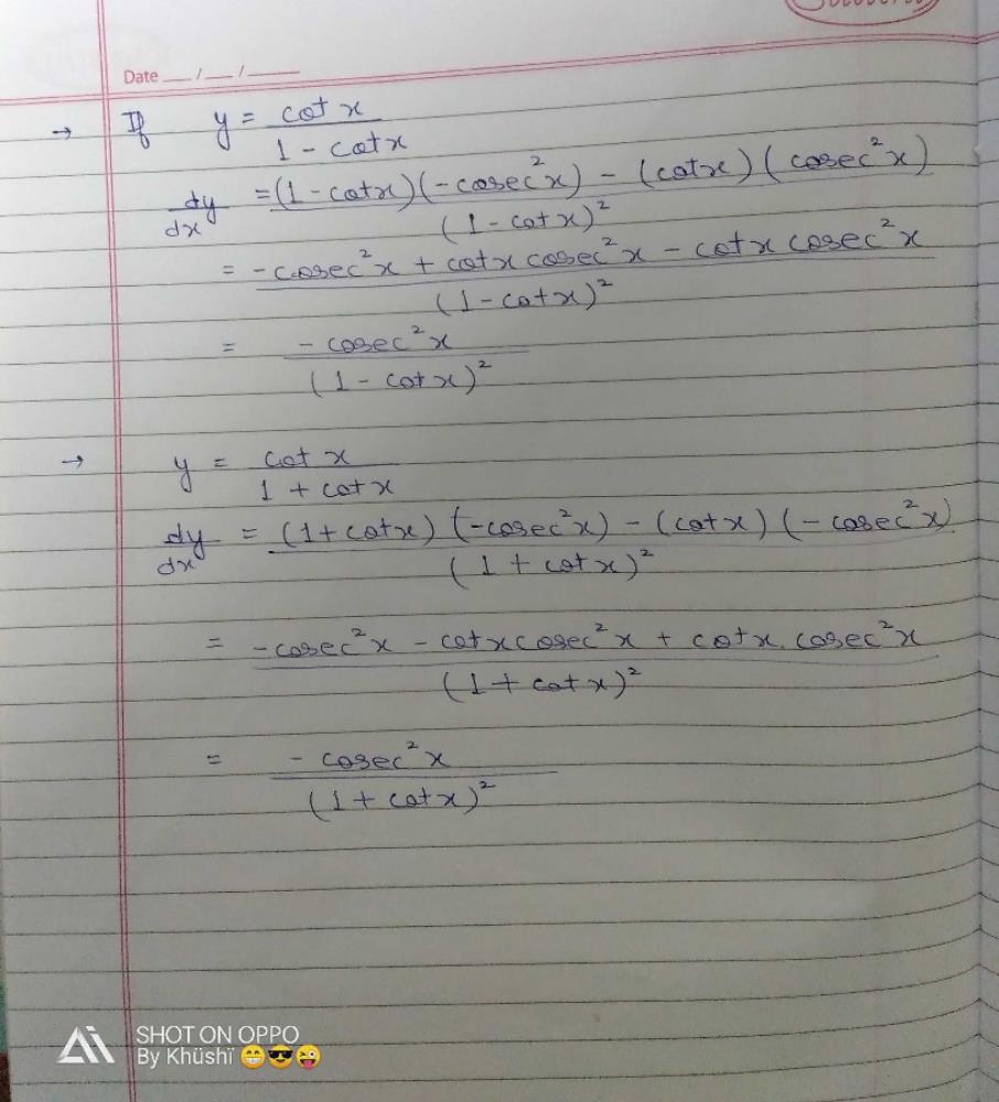 Y Cot X 1 Cot X Differentiate It Edurev Class 11 Question