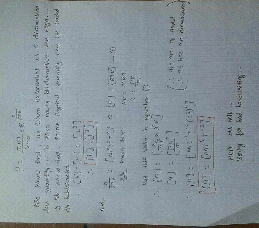 In The Formula P Nrt V B E A Rtv Find The Dimensions Of A And B Where P Pressure N Number Of Moles T Temperture V