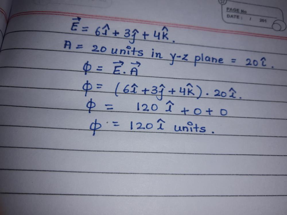 If The Electric Field Is Given By 6i 3j 4k Calculate The Electric Flux Through A Surface Of Area Units Lying In Y Z Plane A 12 Unitsb 1 Unitsc 260 Unitsd 60 Unitscorrect Answer Is Option B Can