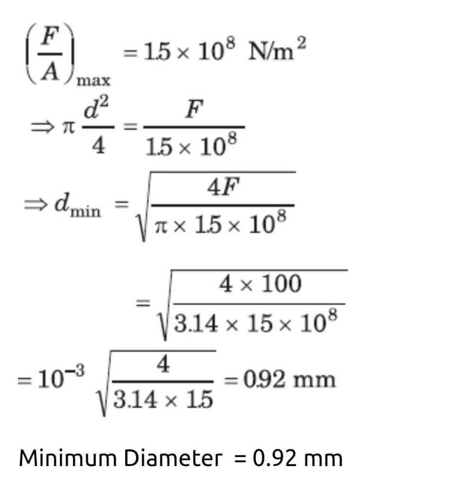 If the elastic limit of copper is 1.50 108 N/ m2, determine the minimum diameter a copper wire
