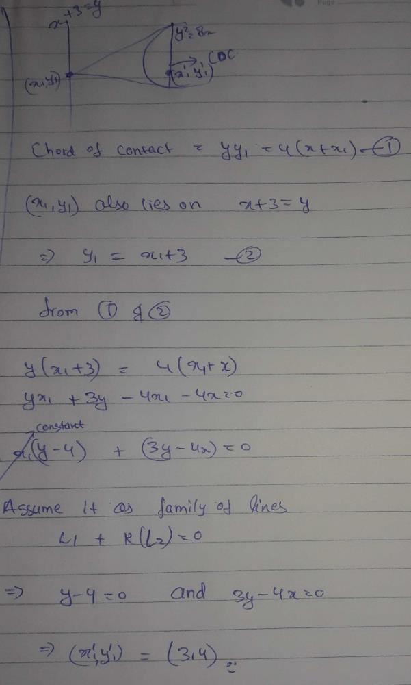 Tangents Are Drawn From The Points On The Line X Y 3 0 To Parabola Y2 8x Then The Variable Chords Of Contact Pass Through A Fixed Point