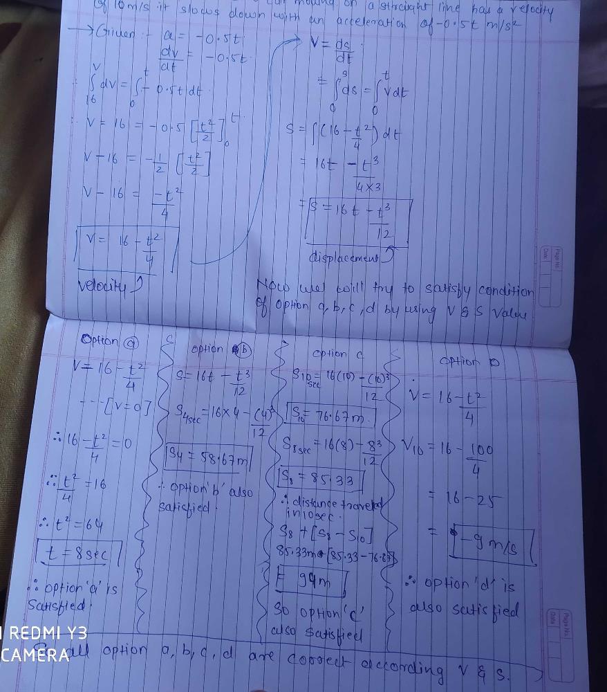 Q• Time t is equals to zero, car moving on a straight line