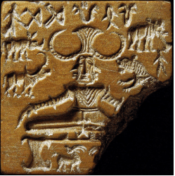 The “Shiva Pashupati” seal: This seal was excavated in Mohenjodaro and depicts a seated, surrounded by animals.