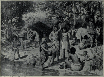 Aryans in India- An early 20th-century depiction of Aryan people settling in agricultural villages in India.