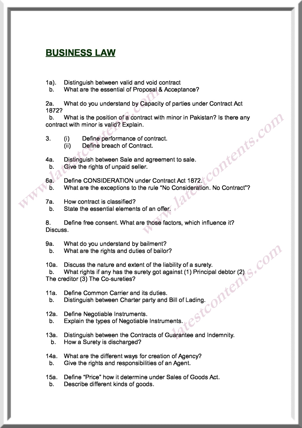 Business Law Important Questions For B Com Final Year Business Walls