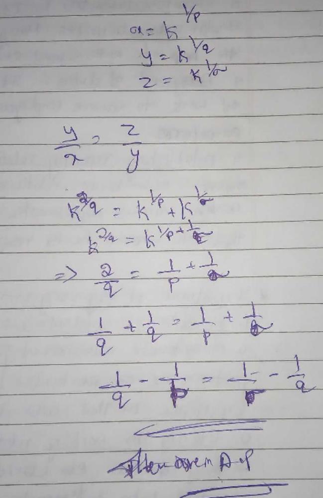 Given X Y Z Are In G P And Xp Yq Z Then 1 P 1 Q 1 Are Ina A P B G P C Both A P And G P D None Of Thesecorrect Answer Is Option A Can You Explain