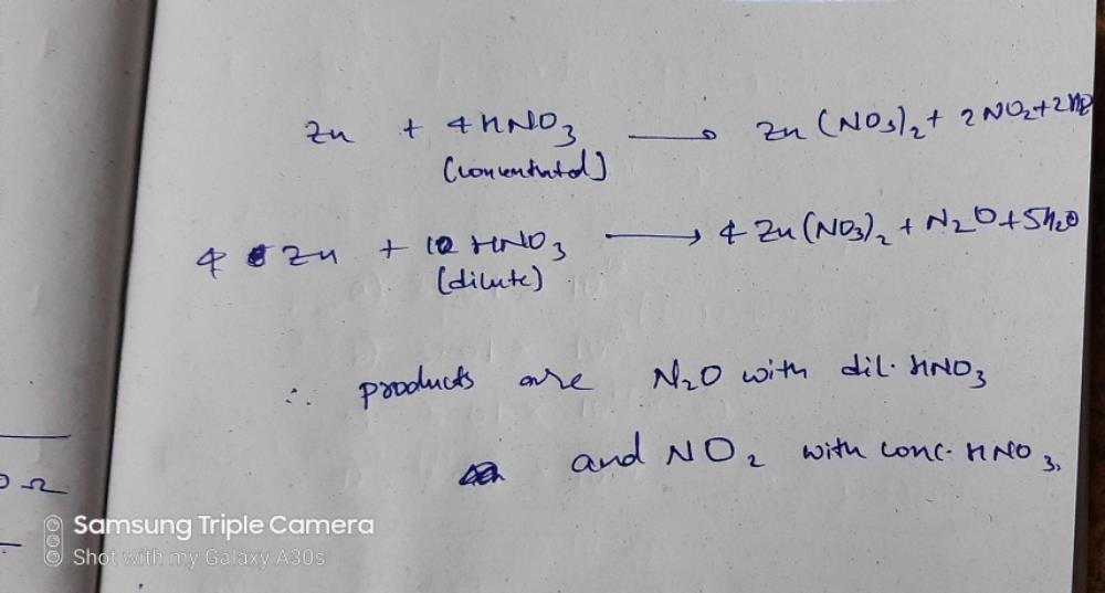 The reaction of zinc with dilute and concentrated nitric acid