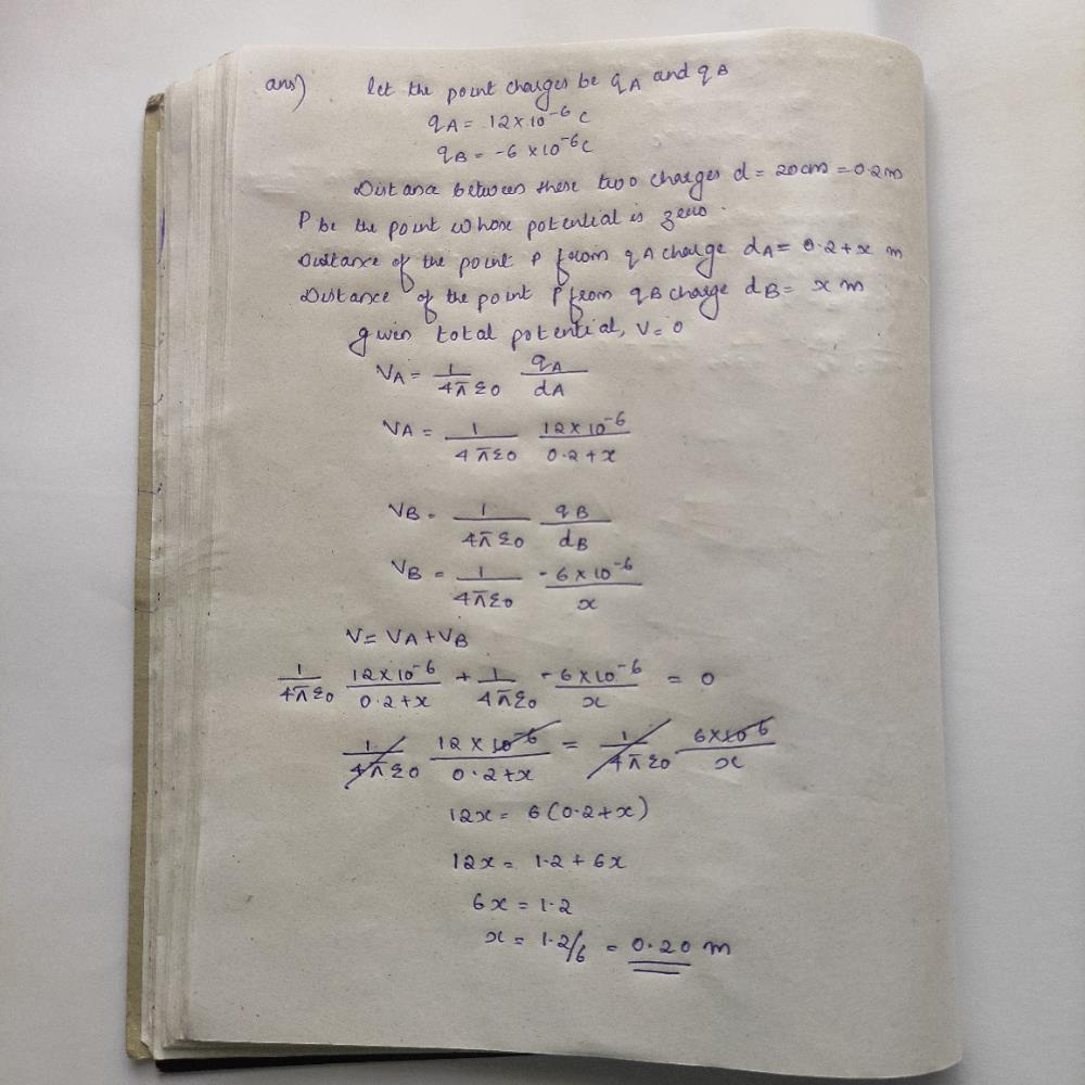 Two Electric Charge 12 Mu C And Minus 6 Mu C Are Places Cm Apart In Air There Will Be A Point P At Which Electric Potential Is Zero On The