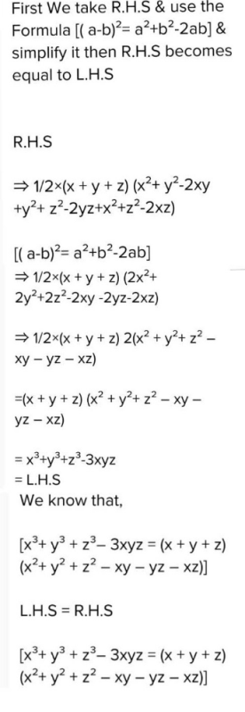 Verify That X 3 Y 3 Z 3 3xyz 1 2 X Y Z X Y 2 Y Z 2 Z X 2 Can Any One Solve This Question Edurev Class 9 Question