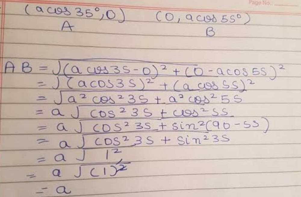 The distance between the points (a cos 35°, 0) and (0, a