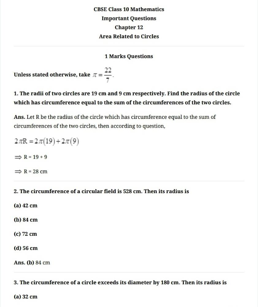 Math: Areas related to Circles: Important 1 mark Questions - Notes - Class 10