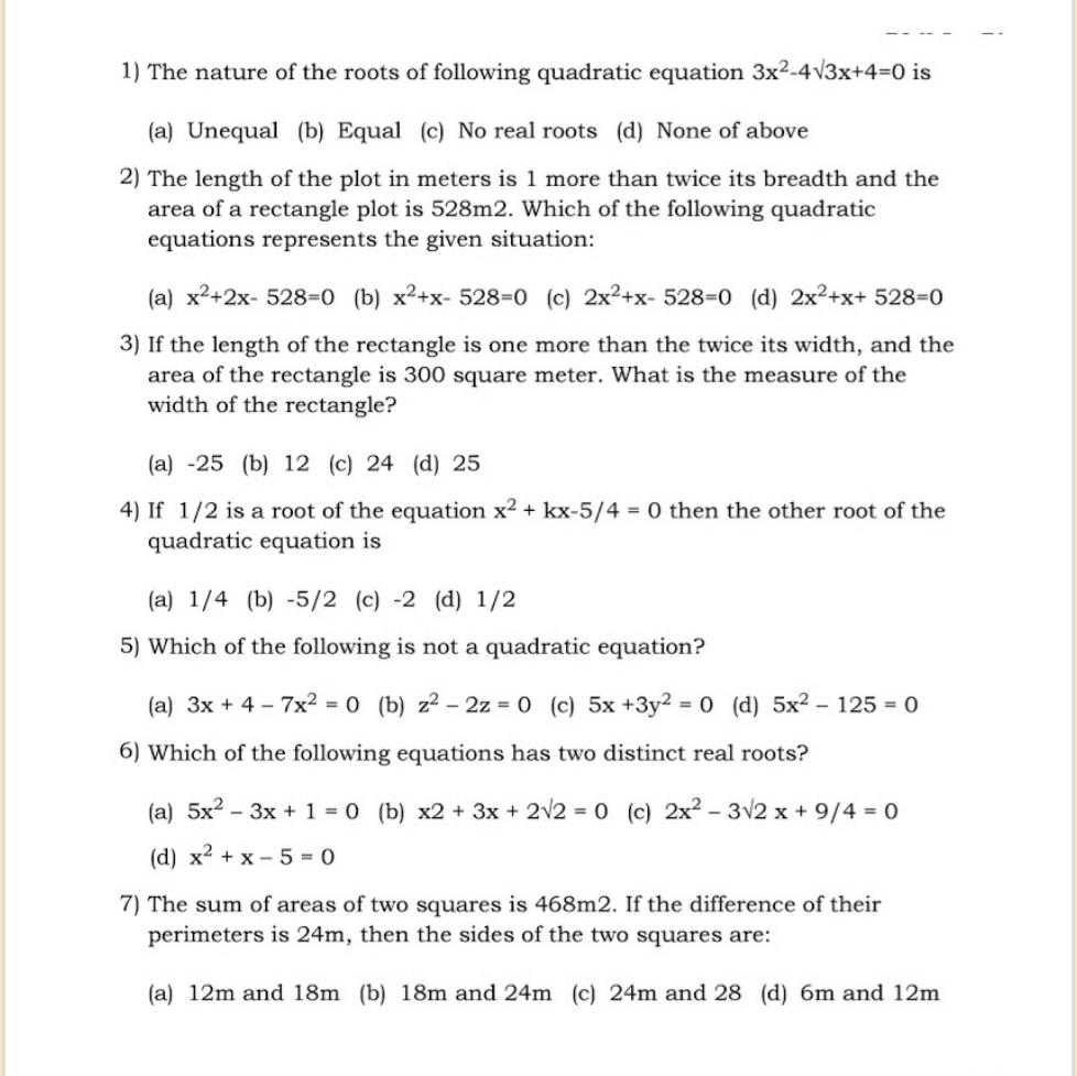Math: Quadratic equations: Important One mark Questions--Class 10 Notes - Class 10