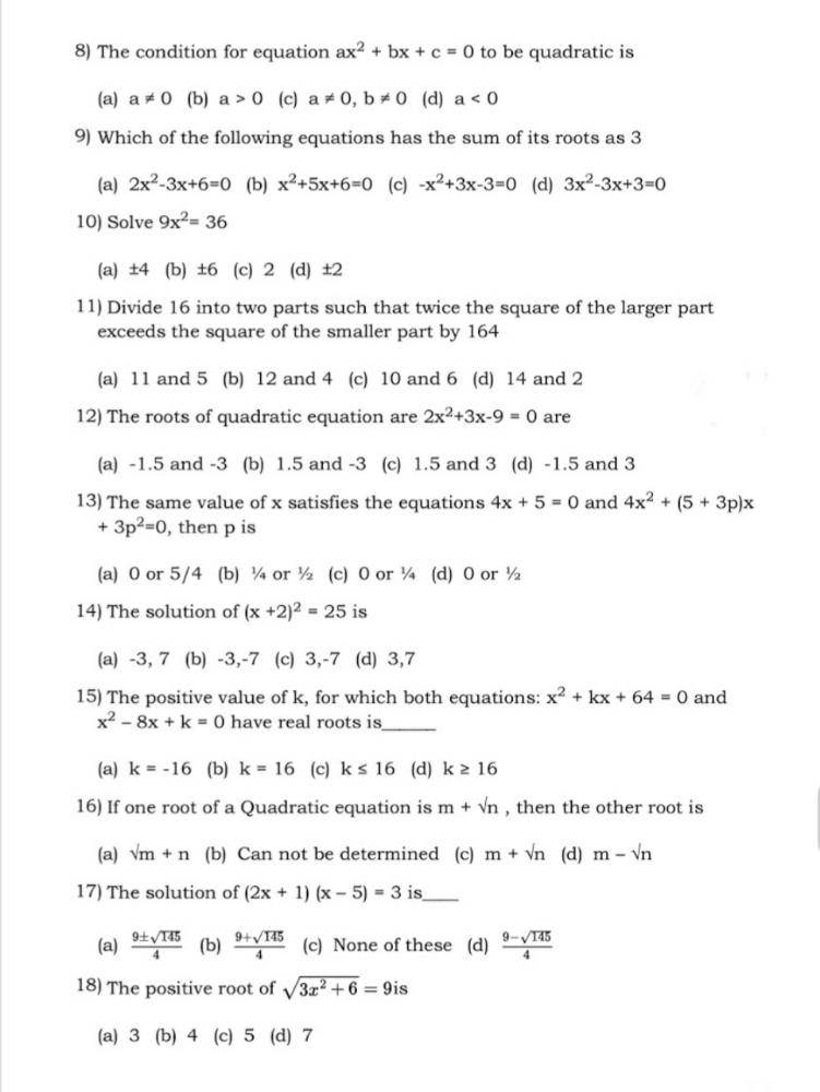 Math: Quadratic equations: Important One mark Questions--Class 10 Notes - Class 10