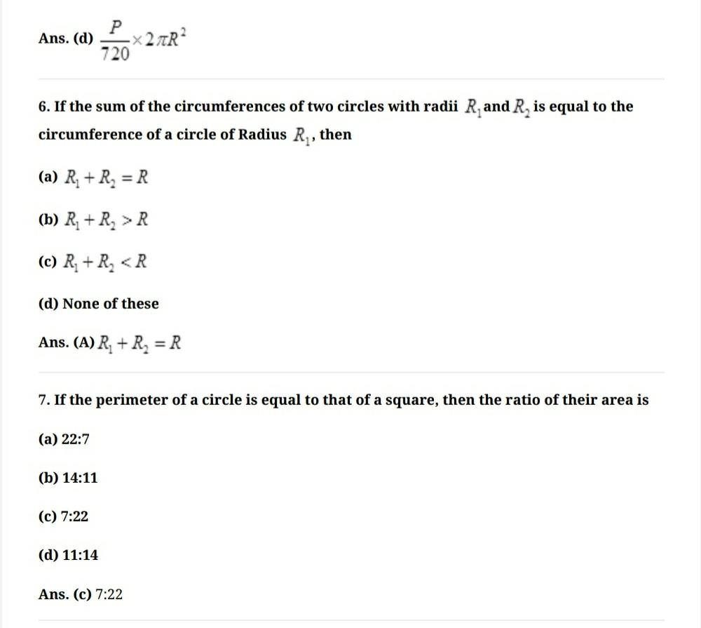 Math: Areas related to Circles: Important 1 mark Questions Notes - Class 10