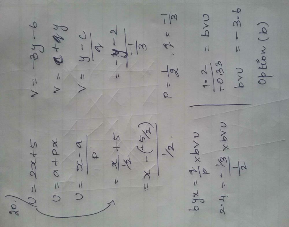 If U 2x 5 And V 3y 6 And Regression Coefficient Of Y On X Is 2 4 What Is The Regression Coefficient Of V On U A 3 6b 3 6c 2 4d 2 4correct Answer Is Option
