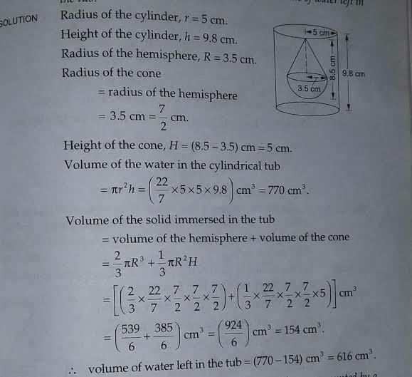 A cylindrical tub of radius 5 cm and length 9.8 cm is full of water. A